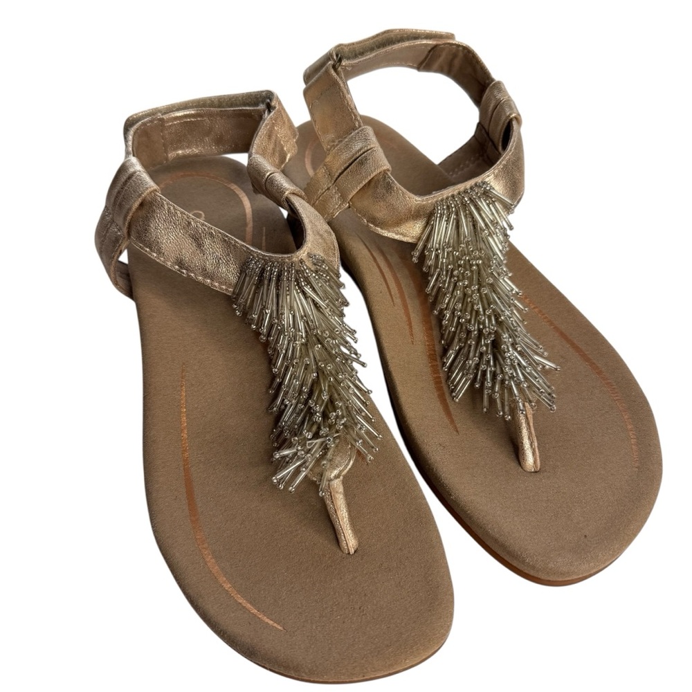 Aetrex Portia Fringe Slingback Thong Sandal Gold Beaded Sz 5-5.5